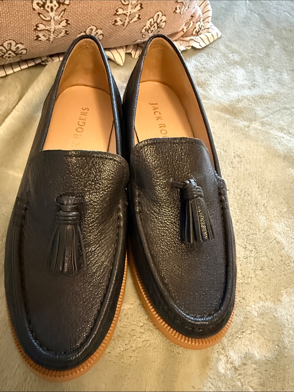 Jack Rogers Black Leather Tassel Loafers with Tan Sole